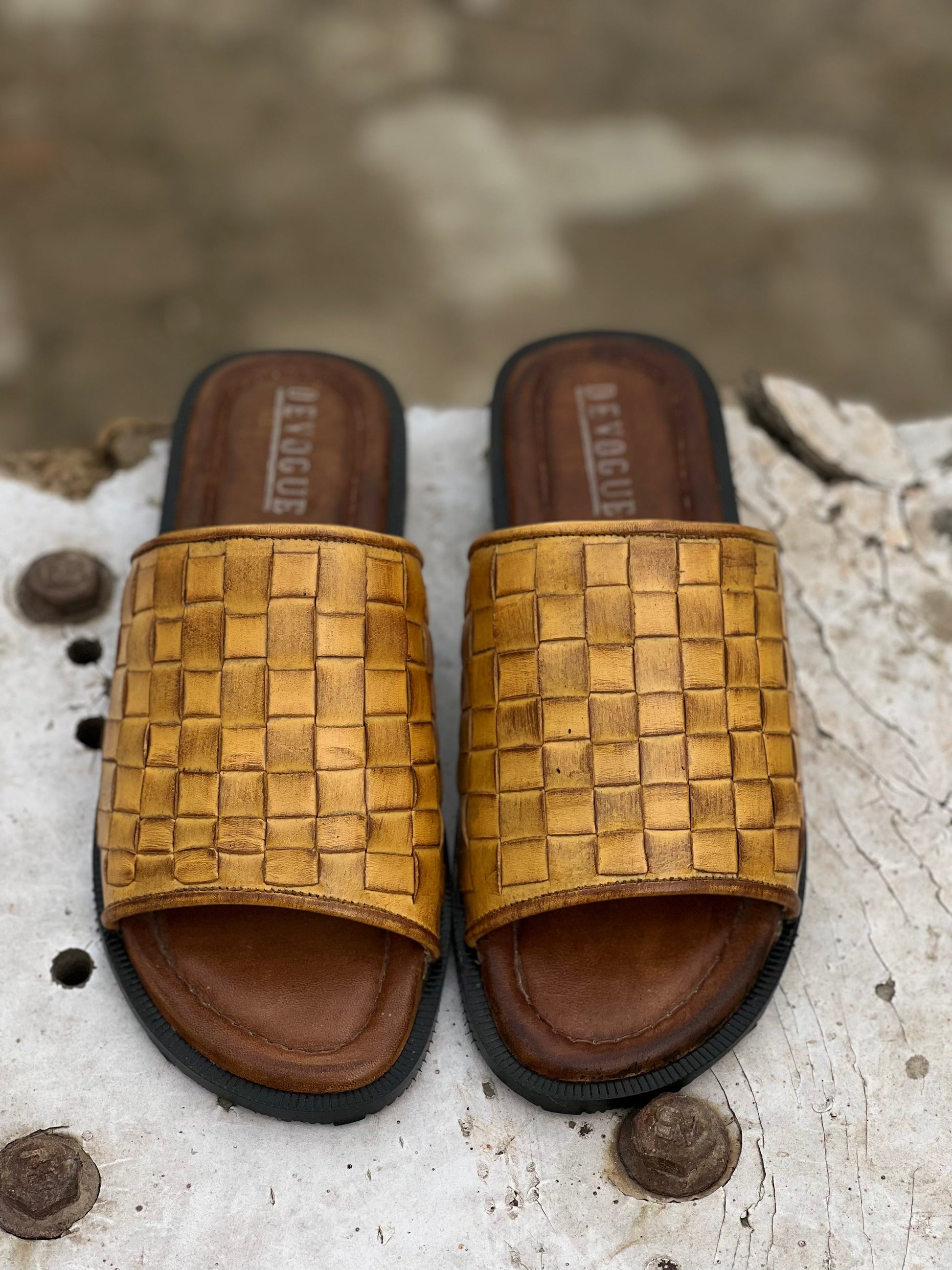 401-Mustard Brown Chappal style Pure Cow Leather Shoes Trending shoes - DeVogue