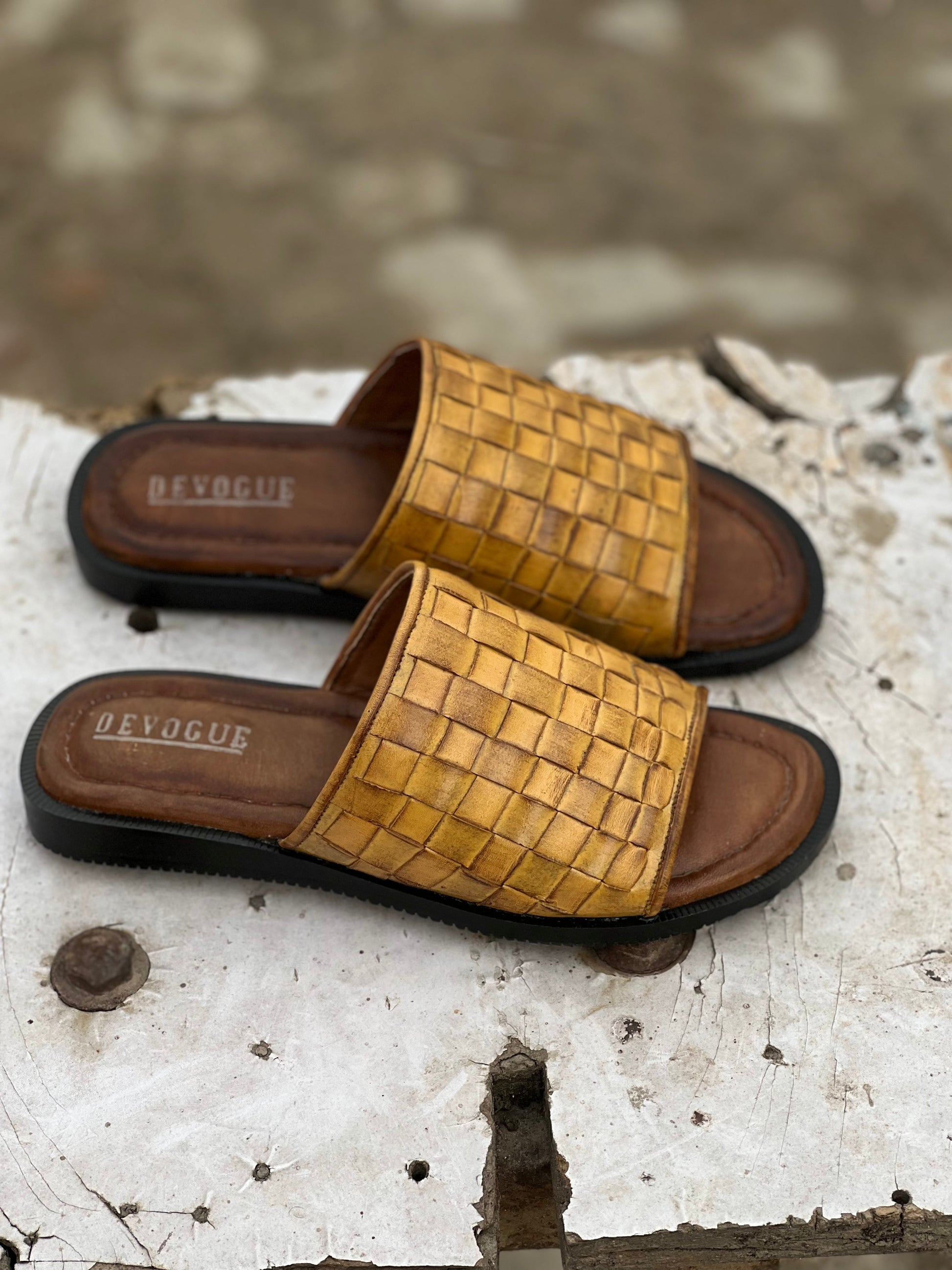 401-Mustard Brown Chappal style Pure Cow Leather Shoes Trending shoes - DeVogue